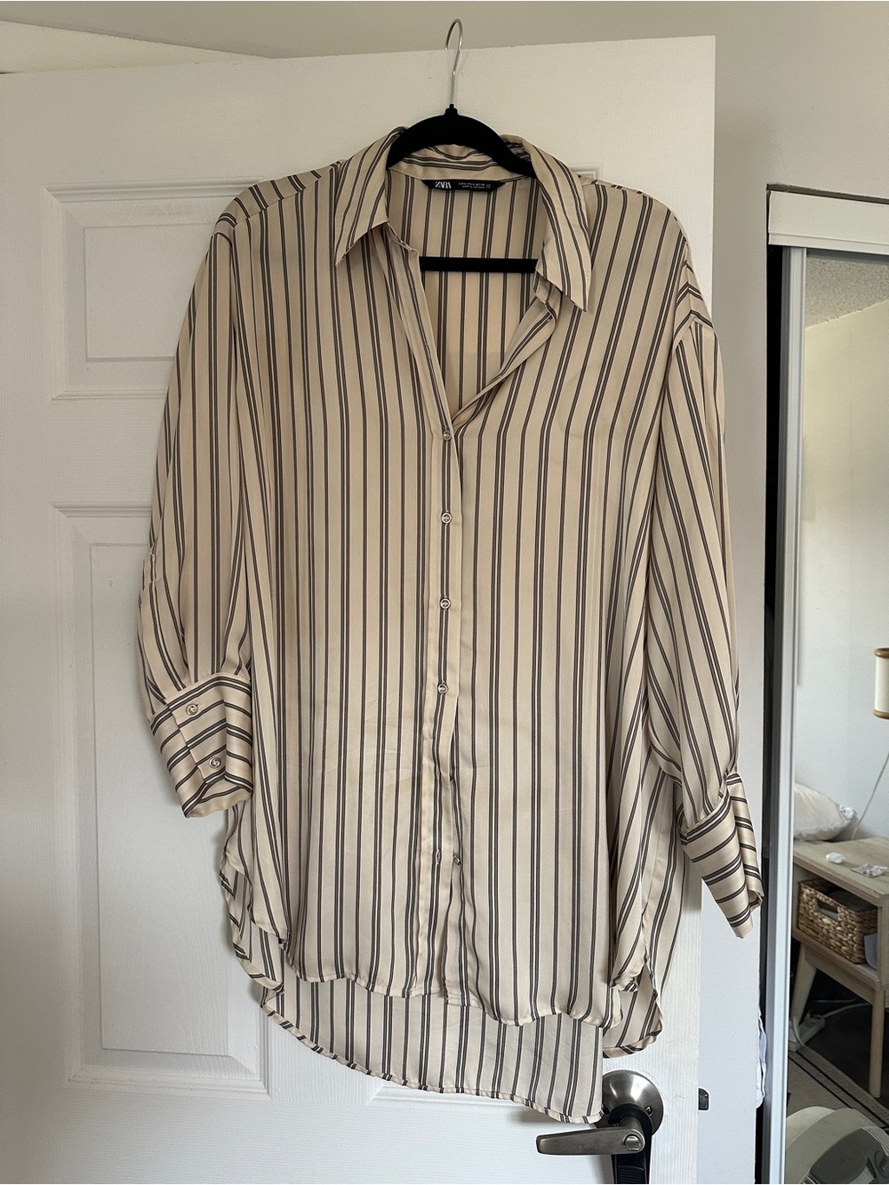 Zara Cream oversized Button-Up Striped Shirt